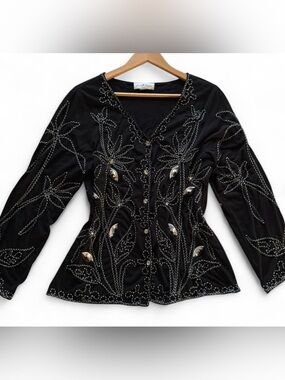Once Again Vintage 90s Black White Floral Embellished Beaded Cardigan XL